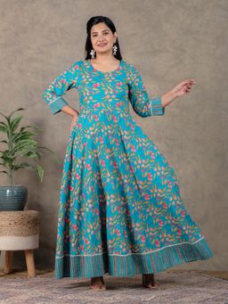 ARAMYA - Soft Cotton Anarkali Floral Print Kurta and Pant