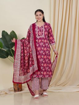 ARAMYA - Soft Cotton Straight Floral Print Kurta Pant with Dupatta