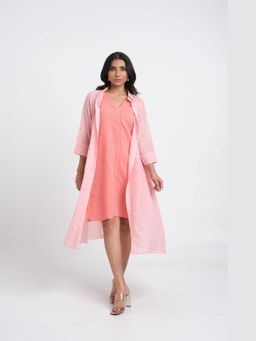 Cyan - Pink Embroidered Pinstripe Dress with Jacket