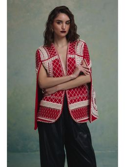 ZABELLA - Rosette Red and White Pearl Cape Jacket