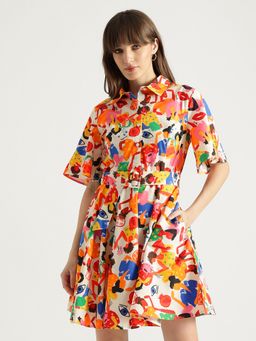 United Colors of Benetton - Multi-Colour Collar Printed Flared Mini Dress with Belt
