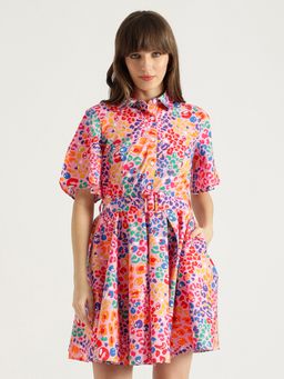 United Colors of Benetton - Multi-Colour Collar Printed Flared Mini Dress with Belt