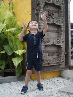 Funny Bones - Linen Solid Anchor Pocket Style Navy Blue Co-Ord (Set of 2)