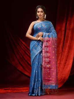 CHARUKRITI - Cobalt Blue Tissue Floral Zari Motifs and Contrast Pallu Saree with Unstitched Blouse