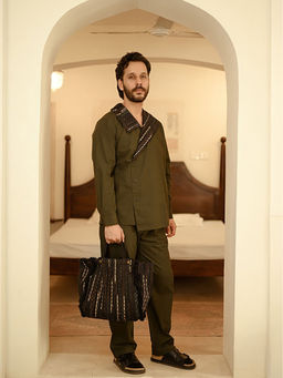 The Terra tribe - Upcycled Handwoven Arrow Collar Green Jacket With Pant
