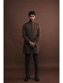 Project Bandi - Mocha Embroidered Bandi With Matching Kurta Pyjama Set