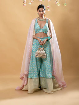 MONK & MEI - Nitya Brocade Sharara with Blouse & Dupatta-Powder Blue (Set of 3)