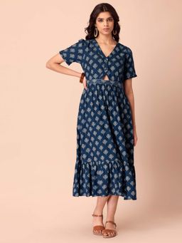 Indya - Navy Blue Boota Embroidered Waist A-Line Dress