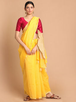 Indethnic - Banarasi Yellow Solid Daily Wear Saree With Unstitched Blouse