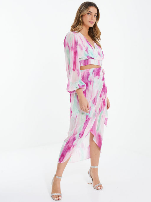 Buy Quiz Clothing White-Pink Chiffon Marble Wrap Midi Skirt Online