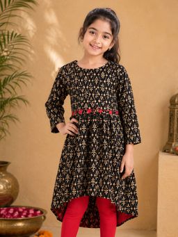 KiddoPanti - Girls Black Rayon Kurta