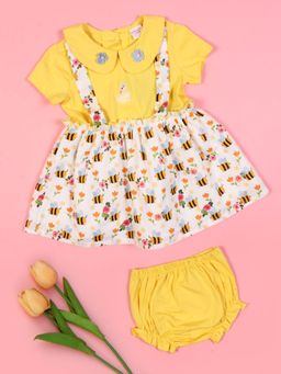 Cutecumber - Girls Yellow Cotton Dress with Bloomer