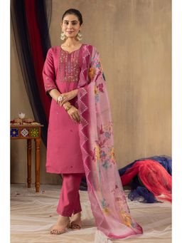 Vedant Vastram - Women Pink Chiniya Silk Round Neck Salwar with Kameez and Dupatta