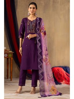 Vedant Vastram - Women Purple Chiniya Silk Round Neck Salwar with Kameez and Dupatta