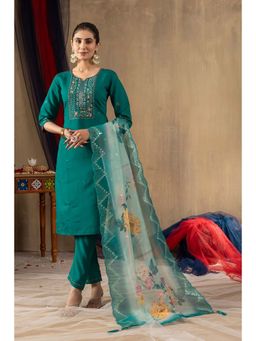 Vedant Vastram - Women Turquoise Chiniya Silk Round Neck Salwar with Kameez and Dupatta