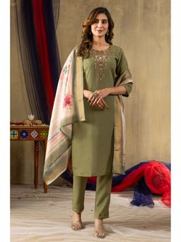 Vedant Vastram - Women Green Chiniya Silk Round Neck Salwar with Kameez and Dupatta
