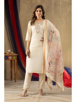Vedant Vastram - Women Off White Chiniya Silk Round Neck Salwar with Kameez and Dupatta