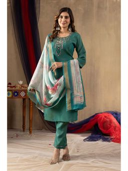 Vedant Vastram - Women Turquoise Chiniya Silk Round Neck Salwar with Kameez and Dupatta