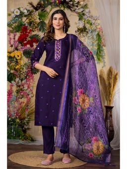 Vedant Vastram - Women Purple Chiniya Silk Round Neck Salwar with Kameez and Dupatta