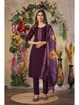 Vedant Vastram - Women Wine Chiniya Silk Round Neck Salwar with Kameez and Dupatta