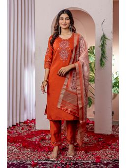 Vedant Vastram - Women Rust Chiniya Silk Round Neck Salwar with Kameez and Dupatta