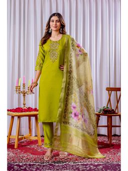 Vedant Vastram - Women Olive Chiniya Silk Round Neck Salwar with Kameez and Dupatta
