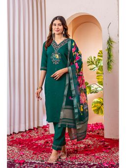 Vedant Vastram - Women Teal Chiniya Silk V-Neck Salwar with Kameez and Dupatta