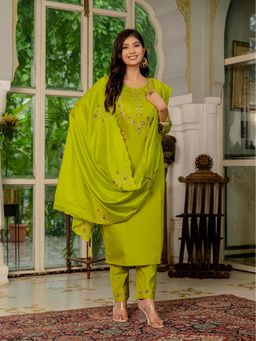 Vedant Vastram - Women Olive Chiniya Silk Round Neck Salwar with Kameez and Dupatta
