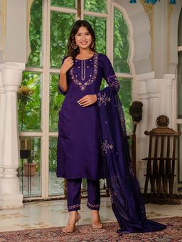 Vedant Vastram - Women Blue Chiniya Silk Round Neck Salwar with Kameez and Dupatta