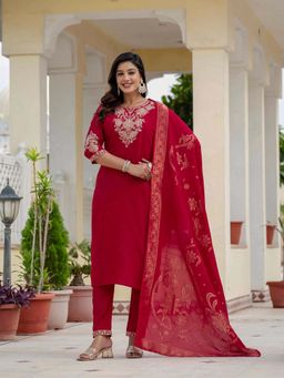 Vedant Vastram - Women Maroon Chiniya Silk Round Neck Salwar with Kameez and Dupatta