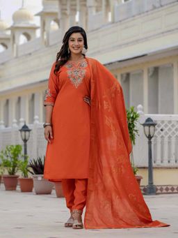 Vedant Vastram - Women Orange Chiniya Silk Round Neck Salwar with Kameez and Dupatta
