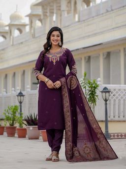 Vedant Vastram - Women Wine Chiniya Silk Round Neck Salwar with Kameez and Dupatta