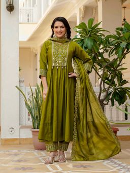 Vedant Vastram - Women Olive Chiniya Silk Round Neck Salwar with Kameez and Dupatta