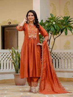 Vedant Vastram - Women Orange Chiniya Silk Round Neck Salwar with Kameez and Dupatta