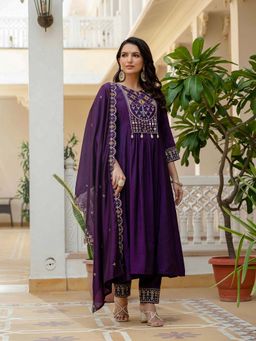 Vedant Vastram - Women Purple Chiniya Silk Round Neck Salwar with Kameez and Dupatta