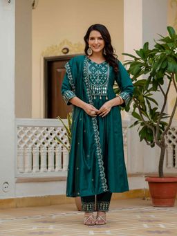 Vedant Vastram - Women Teal Chiniya Silk Round Neck Salwar with Kameez and Dupatta