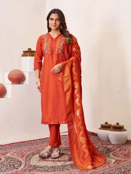 Vedant Vastram - Women Coral Chiniya Silk V-Neck Salwar with Kameez and Dupatta