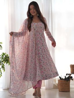 Wedani - Women Pink Chanderi Square Neck Anarkali Kurta with Pant and Dupatta