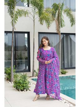 Wedani - Women Purple Organza Round Neck Anarkali Kurta with Pant and Dupatta