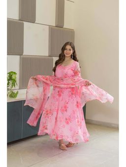 Wedani - Women Pink Organza Round Neck Anarkali Kurta with Pant and Dupatta