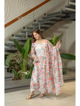 Wedani - Women White Organza Round Neck Anarkali Kurta with Pant and Dupatta