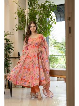 Wedani - Women Peach Organza Round Neck Anarkali Kurta with Pant and Dupatta