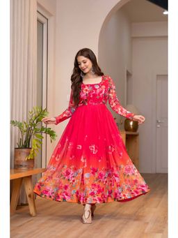 Wedani - Women Pink Organza Round Neck Anarkali Kurta with Pant and Dupatta