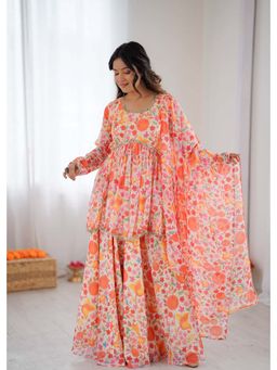 Wedani - Women Peach Organza Round Neck Kurta with Sharara and Dupatta