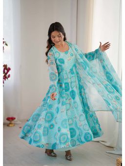 Wedani - Women Blue Organza Round Neck Anarkali Kurta with Pant and Dupatta
