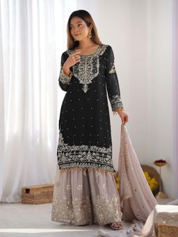 Wedani - Women Black Georgette Round Neck Kurta with Sharara and Dupatta