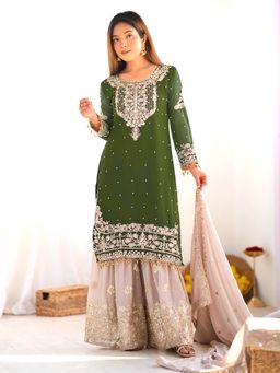 Wedani - Women Green Georgette Round Neck Kurta with Sharara and Dupatta