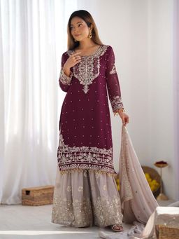 Wedani - Women Purple Georgette Round Neck Kurta with Sharara and Dupatta