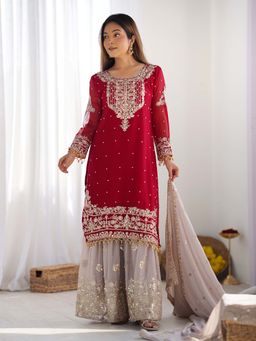 Wedani - Women Red Georgette Round Neck Kurta with Sharara and Dupatta