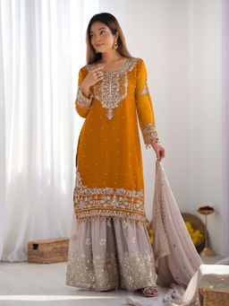 Wedani - Women Yellow Georgette Round Neck Kurta with Sharara and Dupatta